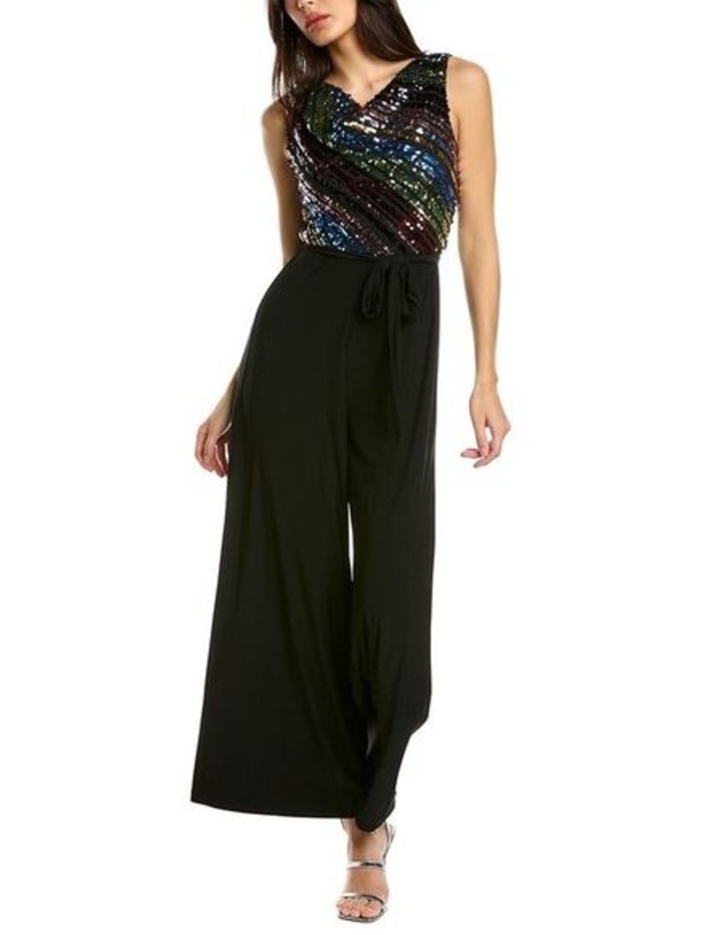 Gabby Skye Occasion Rainbow Sequin Bodice Black Wide-Leg Jumpsuit NEW NWT